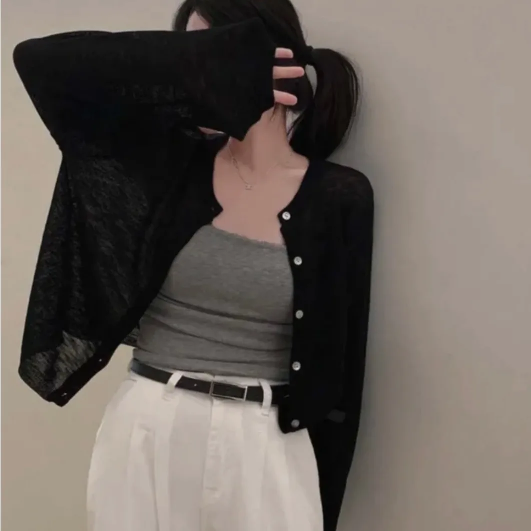 

Early Autumn Chic Simple Embroidered Long Sve Sun Protection Open Cardigan round Ne Thin Top Women's Knitted S...