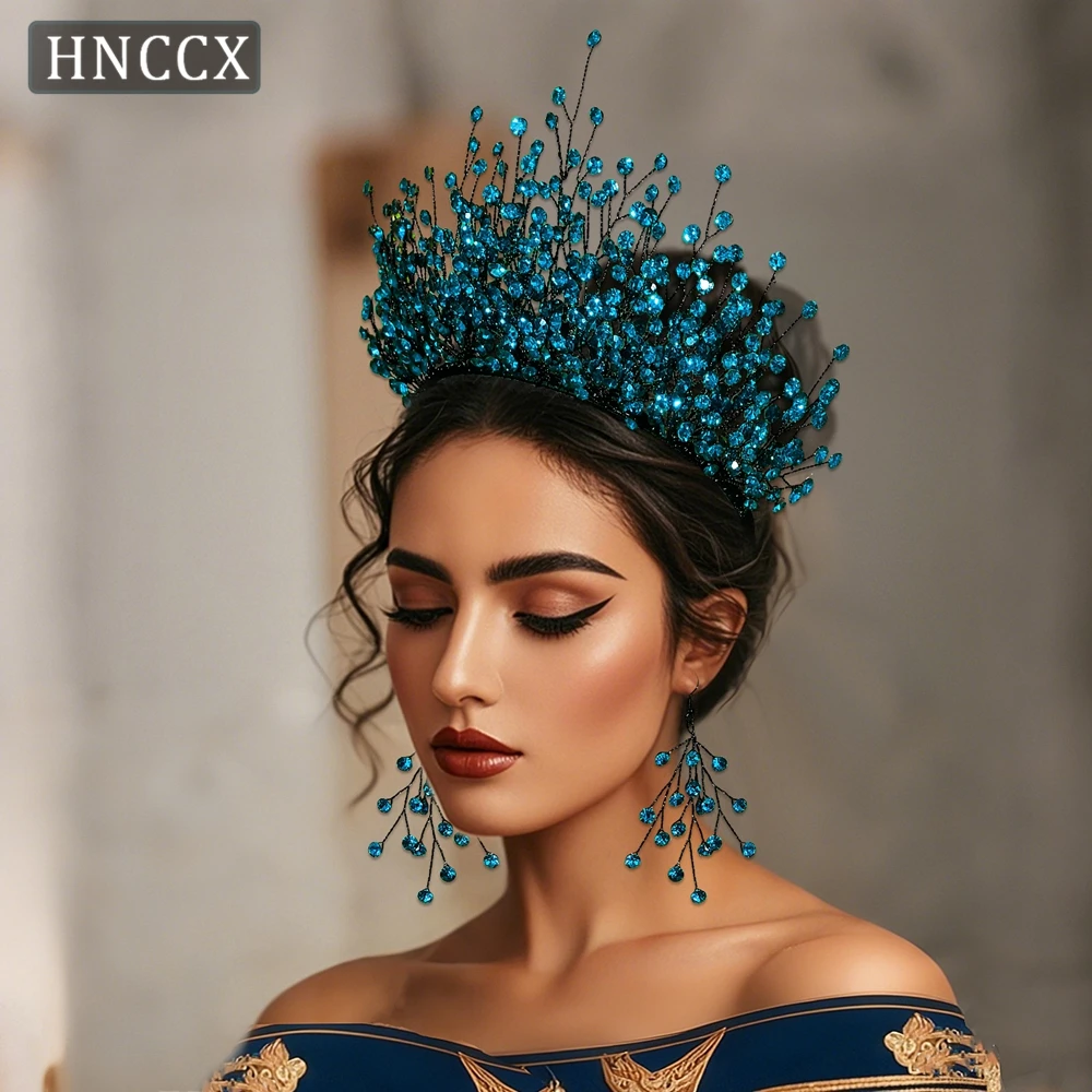 

HNCCX Baroque Luxury Blue Color Rhinestone Bridal Crown Tiaras Wedding Headpieces Handmade Bride Headband Hair Accessories CP846
