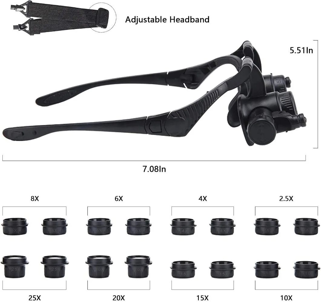 Head-mounted magnifying glass eight groups of interchangeable lens with LED lamp magnifying glass, suitable for work reading