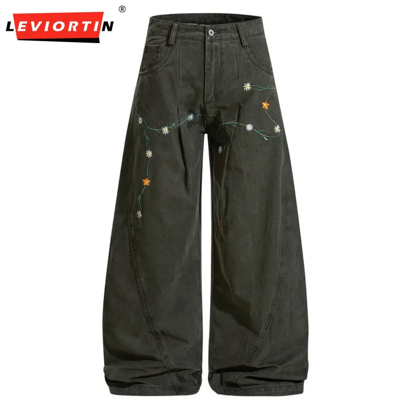 Men's fashion trend brand niche design sense silhouette casual pants American high street vine embroidery loose wide leg pants