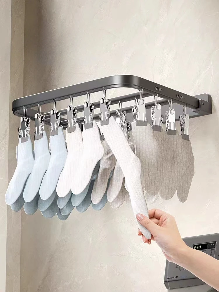 Foldable Wall-mounted Bra Sock Drying Rack Underwear Holder Towel Shelf Hook Balcony Organizer Sock Clip for Laundry