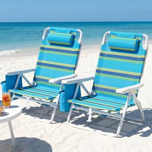 25" W Low Beach Chair for Adults W/5-Position Lay Flat & Cooler Pouch, Folding Backpack Beach Chair W/Headrest, Storage