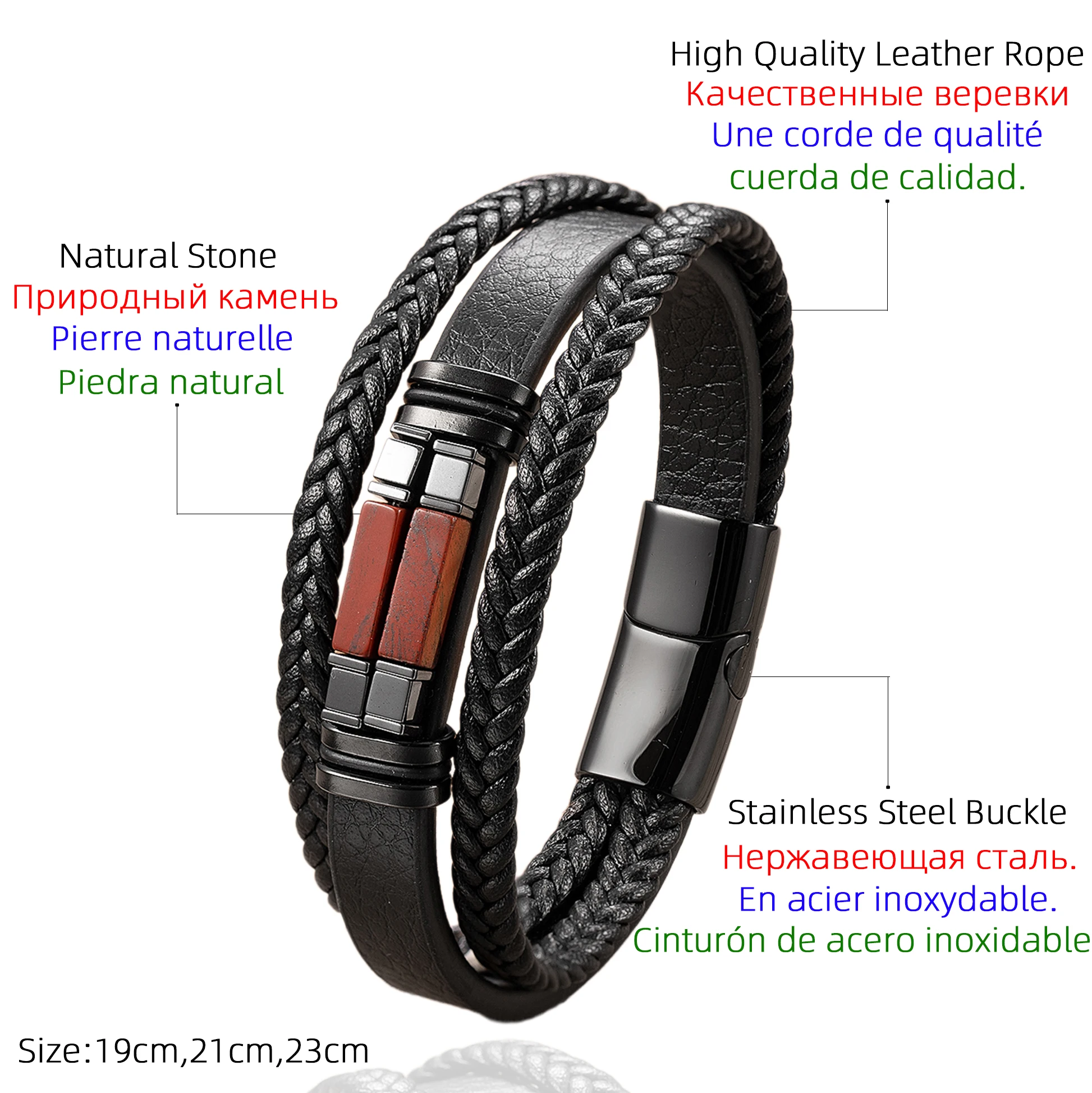 High Quality Accessories Bracelet Men\'s Fashion Gift Black Genuine Leather Bracelets Stone Combination Wild Handsome Gift