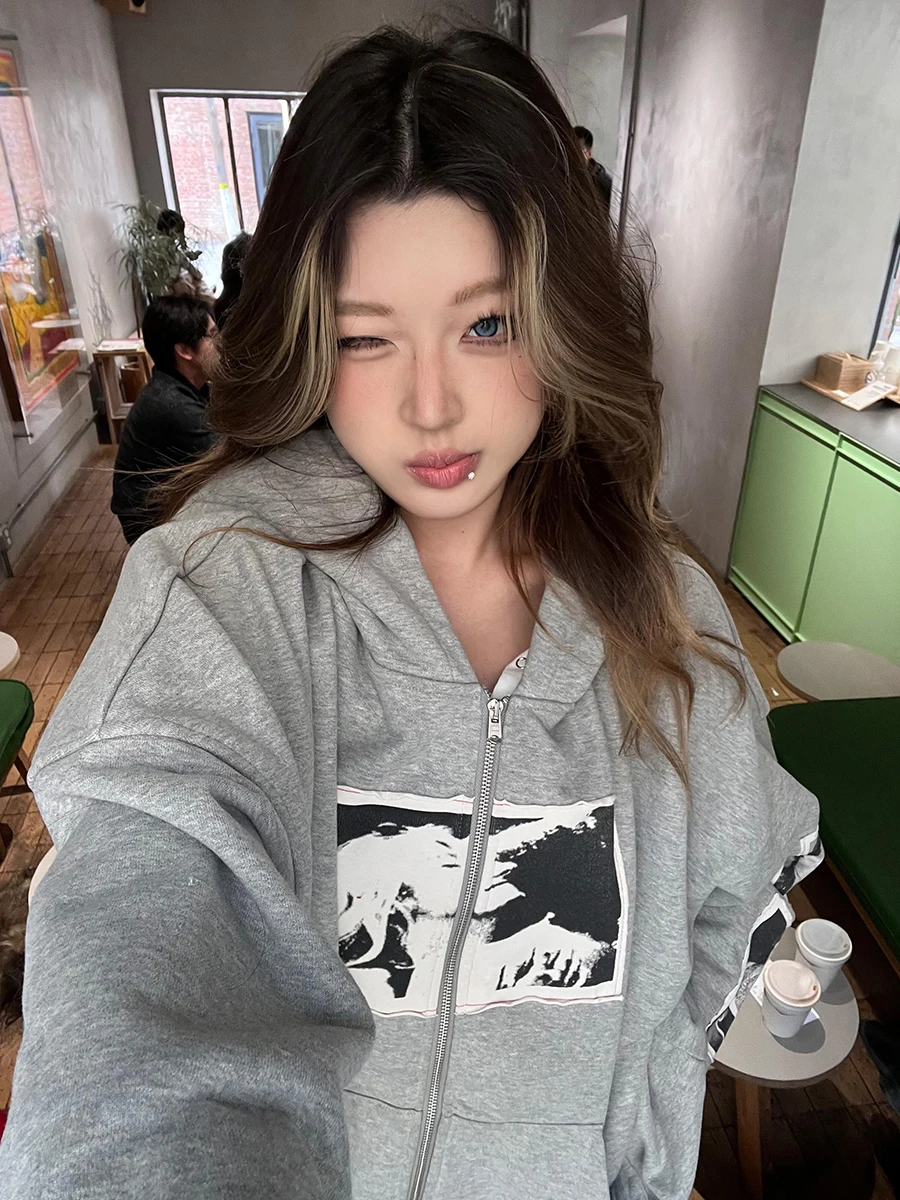 American High Street Punk Portrait Print Hoodie Women's Loose Couple Oversize Zipper Open Cardigan Trendy Long Sleeve Sweatshirt
