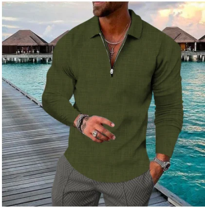 Men\'s new spring and autumn large size long sleeve lapel zipper high-grade casual shirt POLO shirt