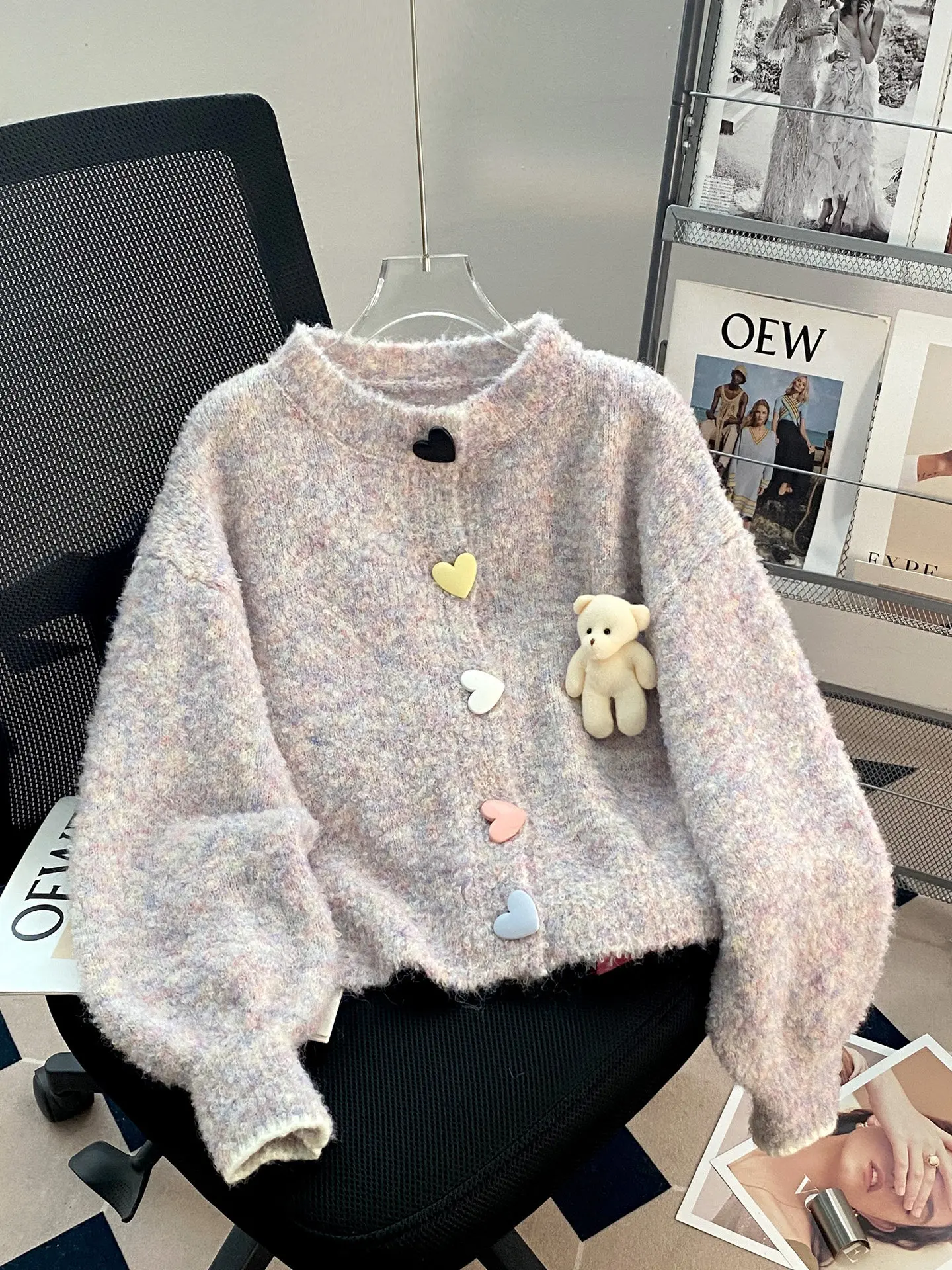 

Весенний сладкий нежный мягкий вязаный свитер с сердечками, женский кардиган, новинка 2026, осенне-зимние теплые джемперы, ленивая вязаная куртка