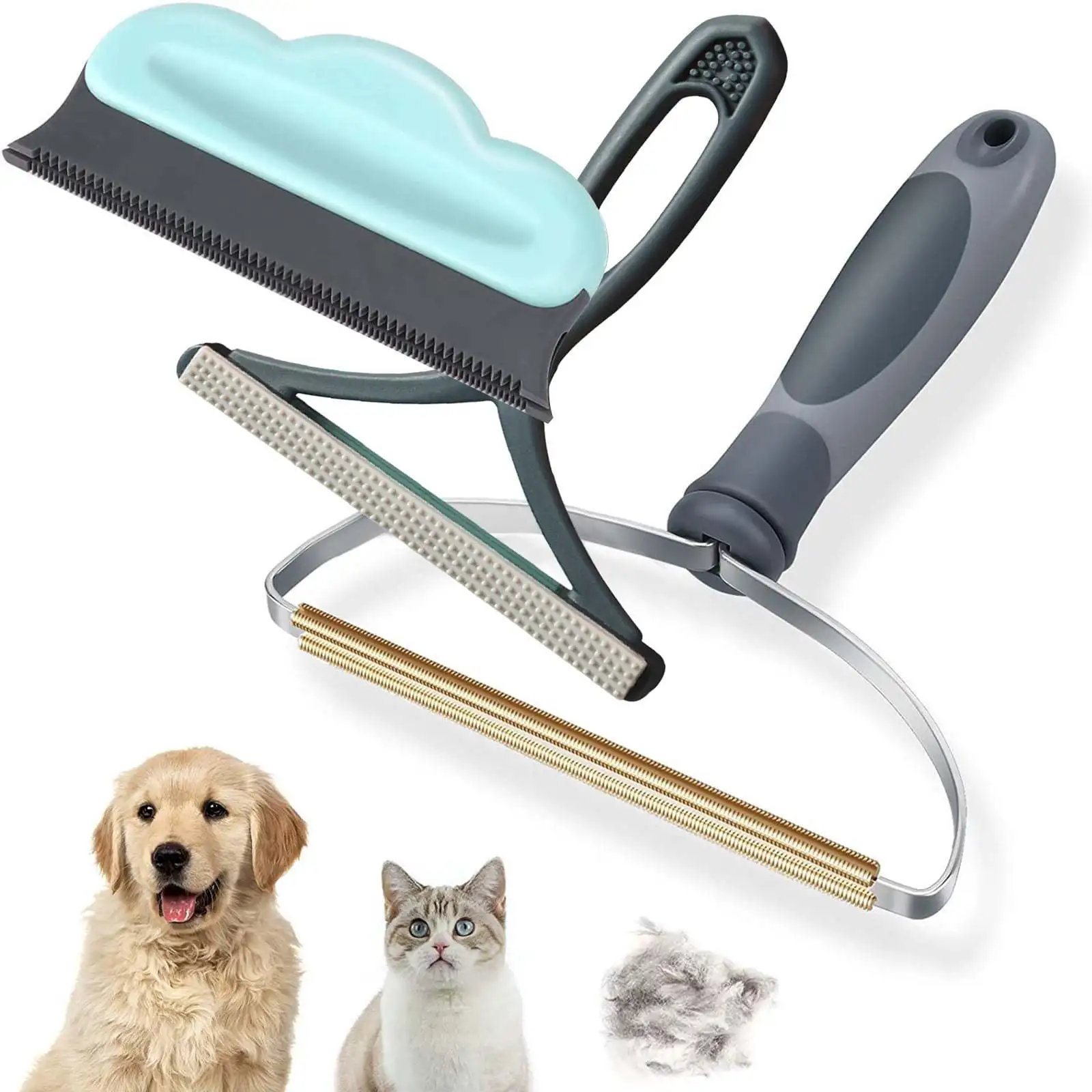 3-Piece Pet Hair Remover Set Copper Brush Silicone Squeegee for Couch Car Seat - Reusable No Power Lint Scraper for Furniture