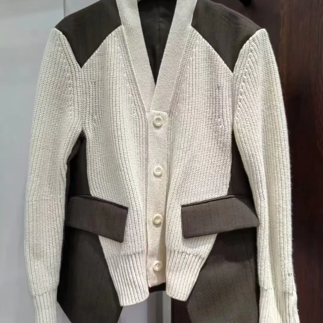 

Loose Long Sve Knitted Suit Jaet Women's Faion Autumn 2024 FOG SACAI Japanese Sle V-Ne Striped Pattern Commute Sle