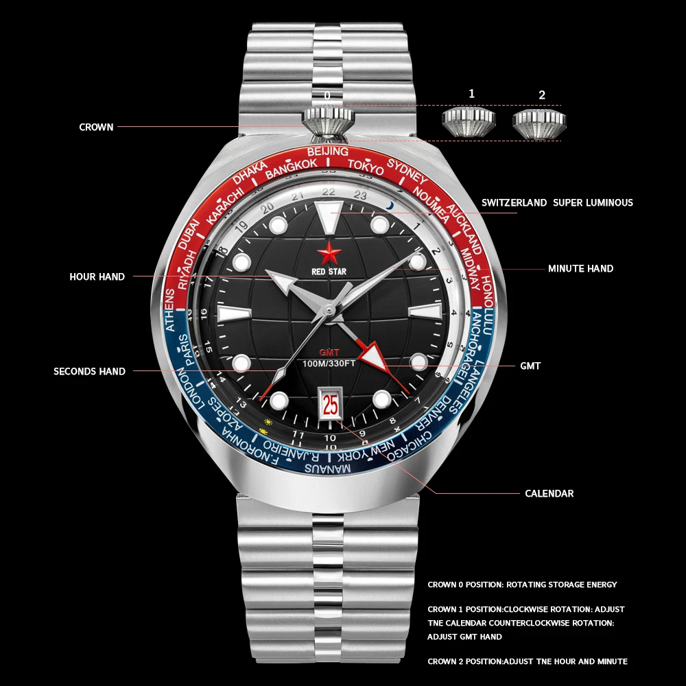 RED STAR Bull Head 42mm Men GMT4 100m Diving Automatic Mechanical Watch 1963 Dual Time Zone Luminous Waterproof Watches