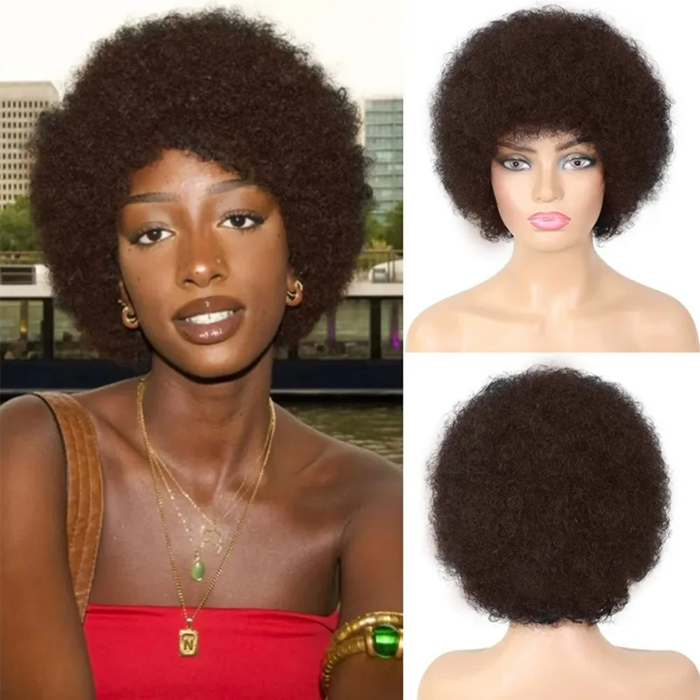 

6-дюймовые машинные парики, плотность 150%, короткие афро-кудрявые вьющиеся волосы для женщин, натуральный вид, человеческие волосы, натуральные человеческие волосы