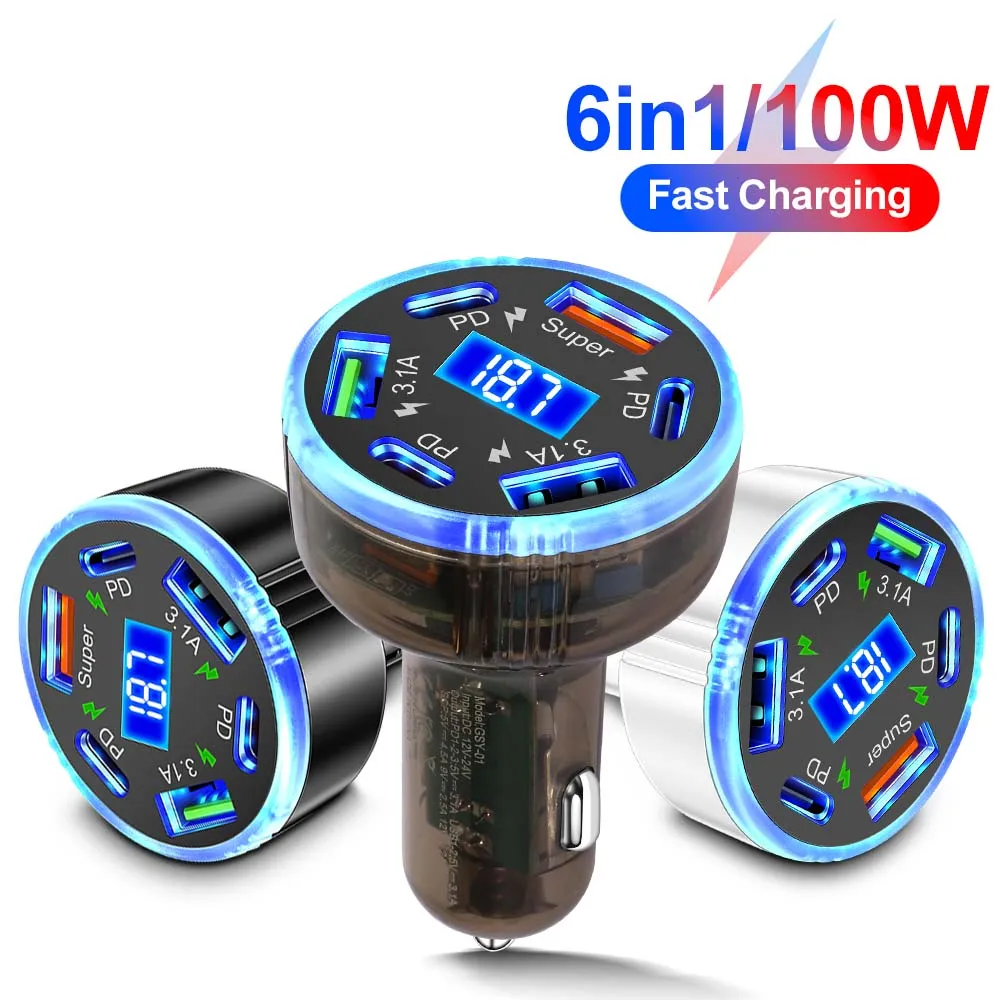 6 Port Car Charger 100w 3USB A+3Type C Fast Charging Car Mobile Phone Adapter For Xiaomi iPhone Huawei Samsung Cellphone