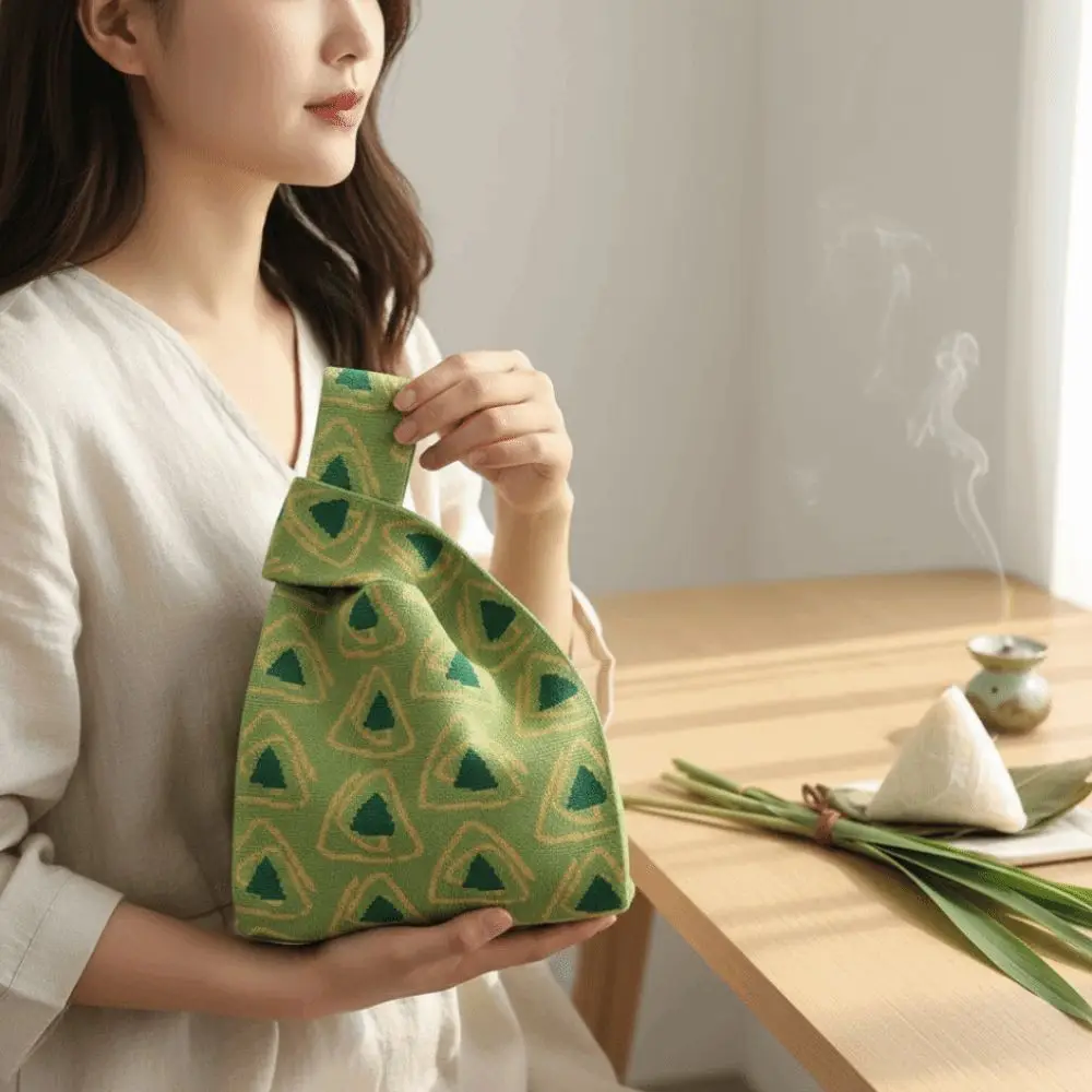 

Hand-held Pouch Loong Boat Festival Pouch Crochet Storage Purse Bamboo Printed Knitted Wrist Bag Temperament Elegant