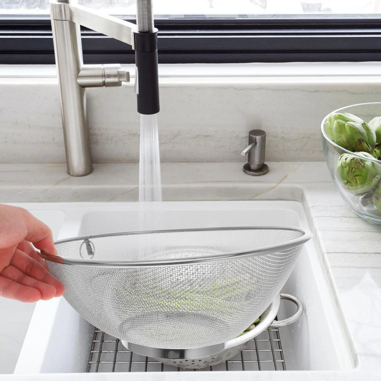 

Stainless Steel Mesh Basin Silver Rice Cleaner Drainer Fine Strainer Kitchen Laundry Basket Fruit Vegetable Washing