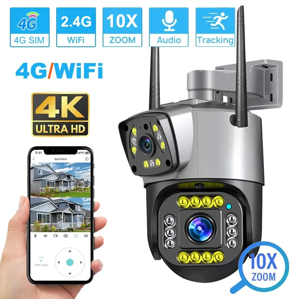 Podwójny obiektyw 4G kamera IP WiFi 8MP 4K kamery monitorujące bezprzewodowa zewnętrzna inteligentna wizja noc w domu V380 cyfrowy Zoom CCTV Camara