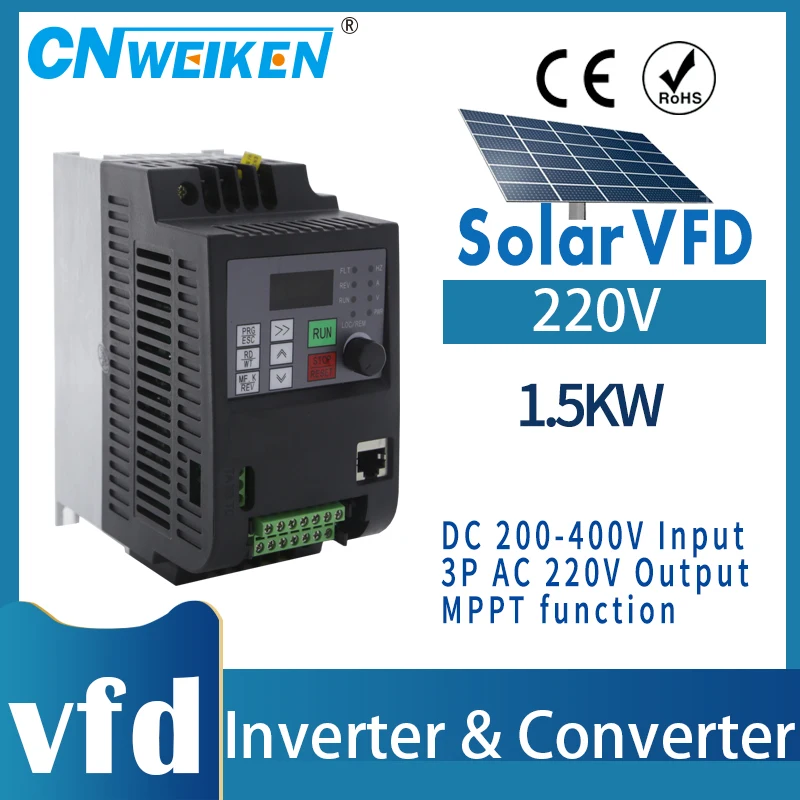 Solar VFD 0.75-7.5KW DC input 200-400V 1/3phase 220v output Motor Speed Control Driver