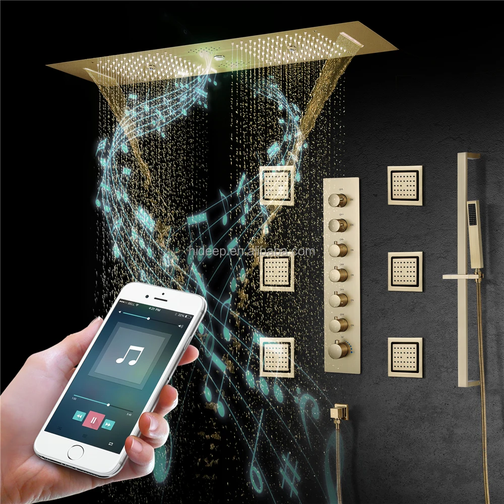 

Ceiling Embedded 36*12inch Led Shower Head with Music Speaker Rain Waterfall Mist Bathroom Thermostatic Shower Faucet Set