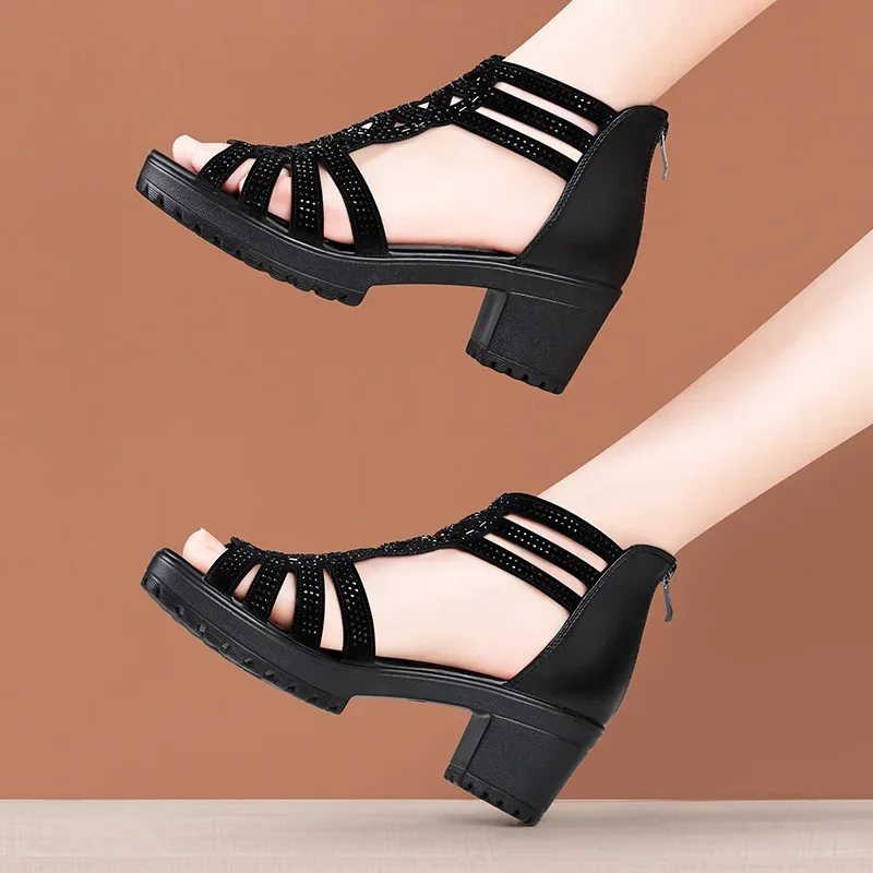 

Women's Sandals Summer 2025 Platform Rome Beaded Thick High Heel Women Shoes Offers Dress Peep Toe Black Luxury Designer Shoe