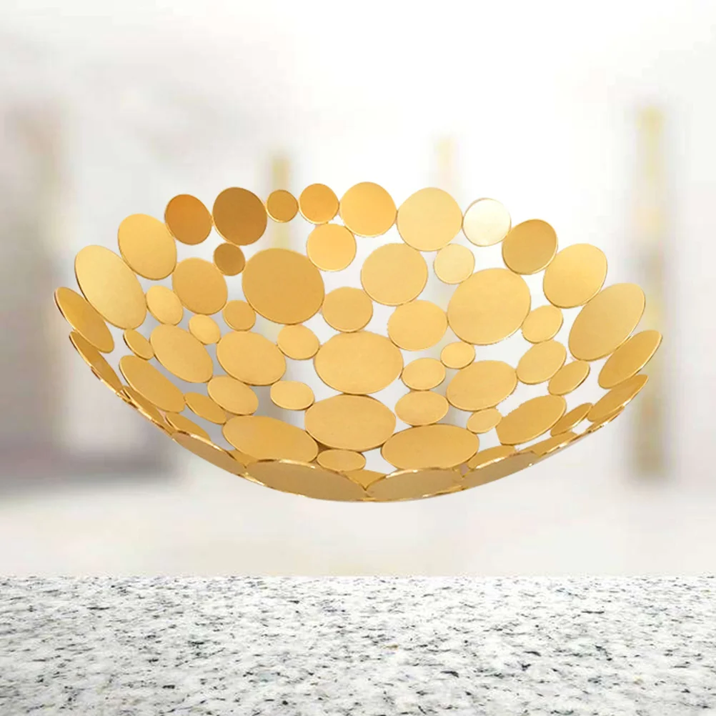Fruit Basket Bread Iron Plate Storage Baskets Vegetable Holder Dish Golden Hollow Round