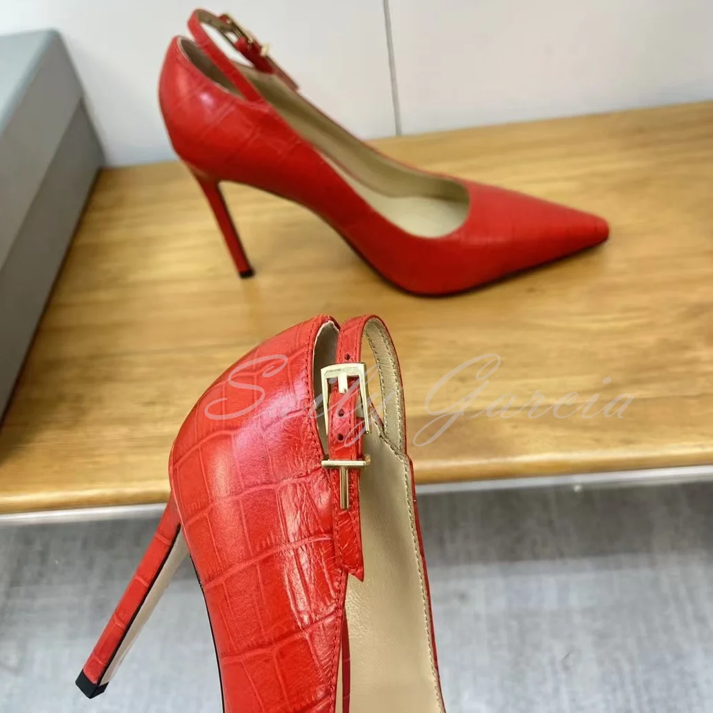 Women's Belt Buckle Pointy Toe High Heel Pumps Red Matte Texture Stiletto Heel Slip On Shallow Classic Party Dress Shoes