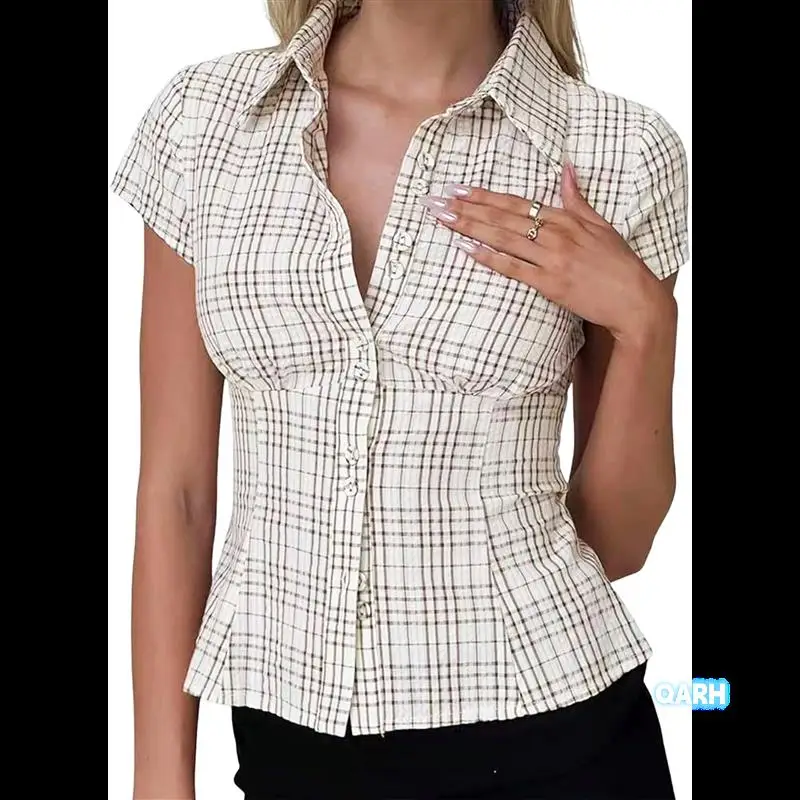

Women Y2k Button Down Shirts Slim Fit Casual Vintage Lapel Collar Short Sleeve Blouse Tops Streetwear