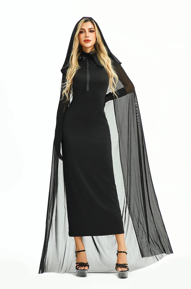 Robe Sorcière Gothique Noire avec Cape à Capuche et Gants – photo 12