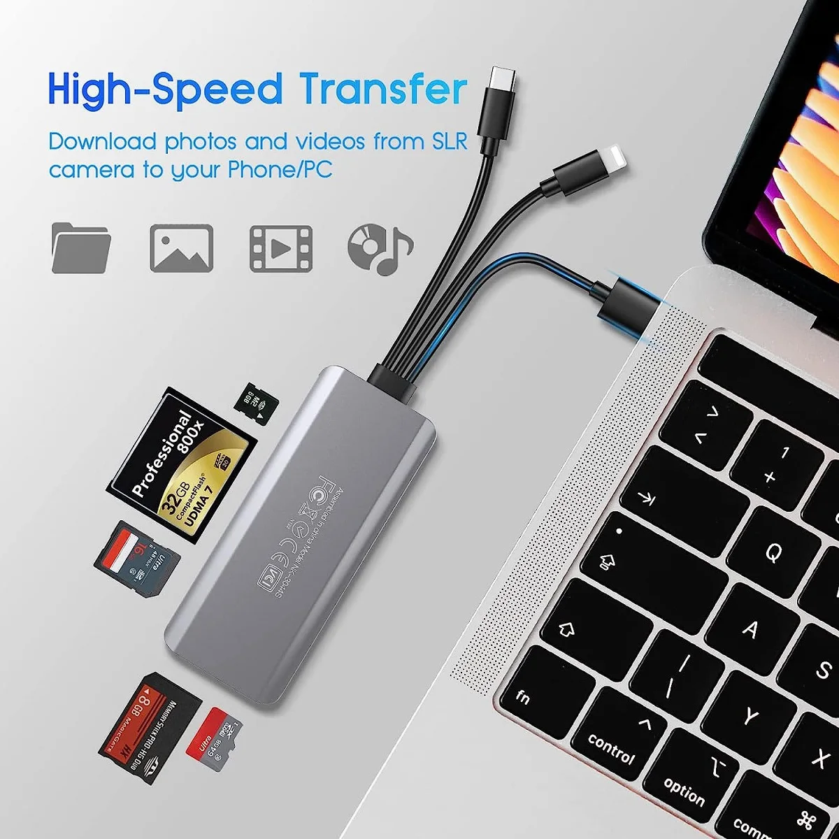 All in One Memory Card Reader CF/SD/TF/Micro SD/M2/MS Card Reader Adapter With USB/USB C/Lightning 3Ports Plug and Play