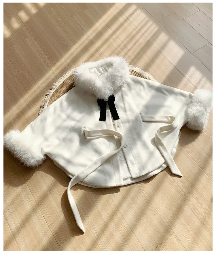 Japanese Y2k Fleece-Lined Thickened Cape Coat Winter Lolita Sweet Detachable Fur Collar Long-sleeves Jacket With Belt For Ladies