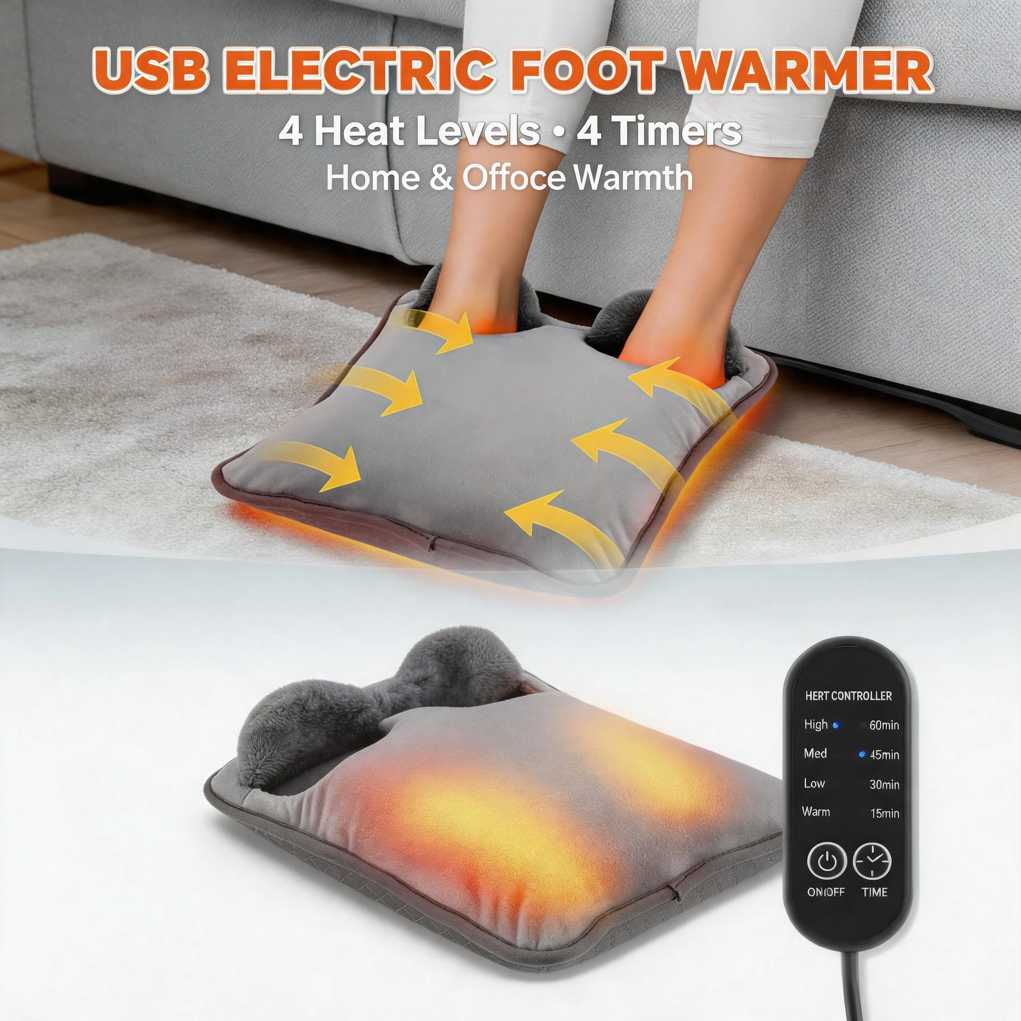 Multi Scene USB Electric Foot Warmer 4 Heat Levels 4 Timers Ultra Soft Warming Mat for Bed Office Home Winter Daily Gray