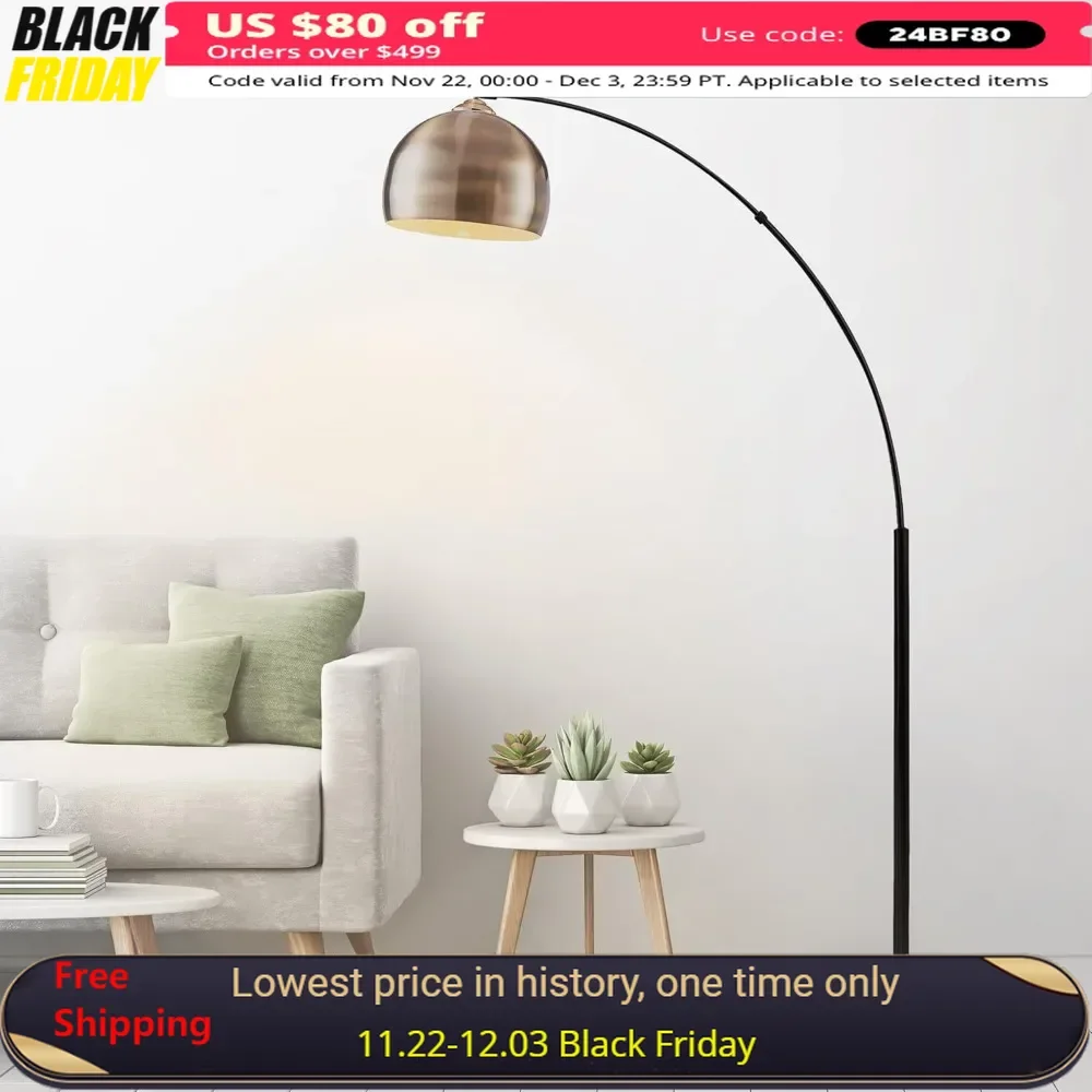 68.1Arc Floor Lamp for Living Rooms,Home Offices,Dining Rooms, Bedrooms with Faux Black Marble Base and Antique Brass Bell Shade