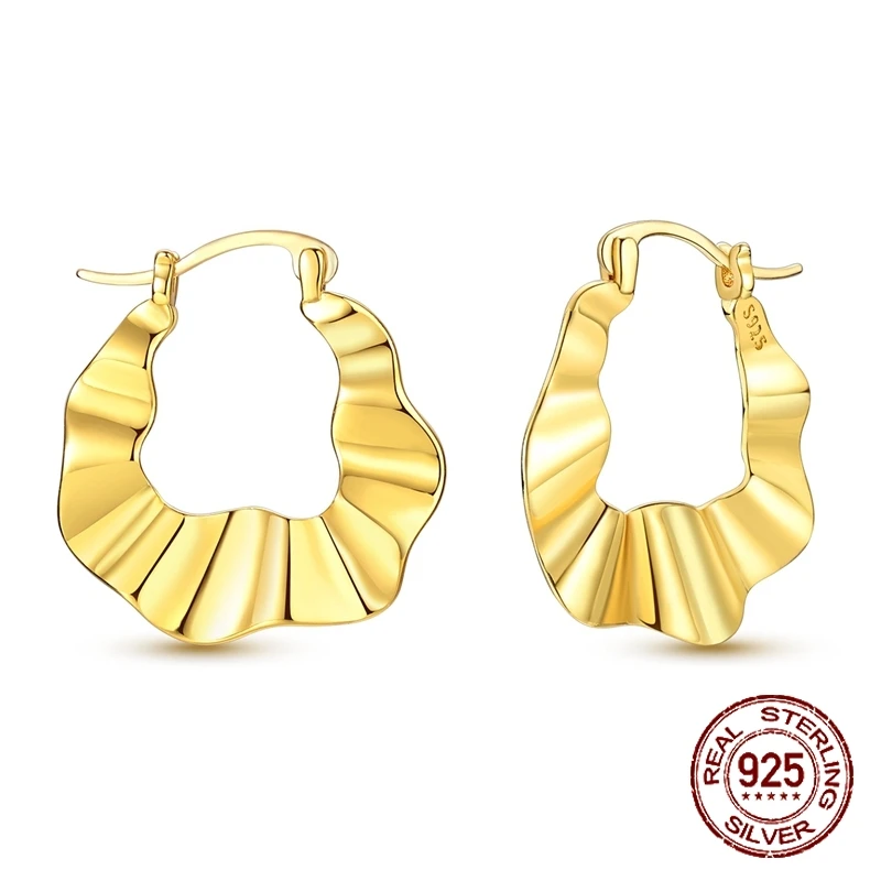 925 Sterling Silver Golden Wave Textured Hoop Earrings Irregular Ruffled Edge Huggie Hoops Earrings for Women Jewelry Gifts