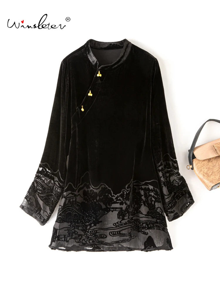 

Winsleter-Bottom 100%Real Silk Elegant Velvet Dress, Stand Buttons Patchwork, Women Retro Casual Dresses, 2025 Winter D5N012CC