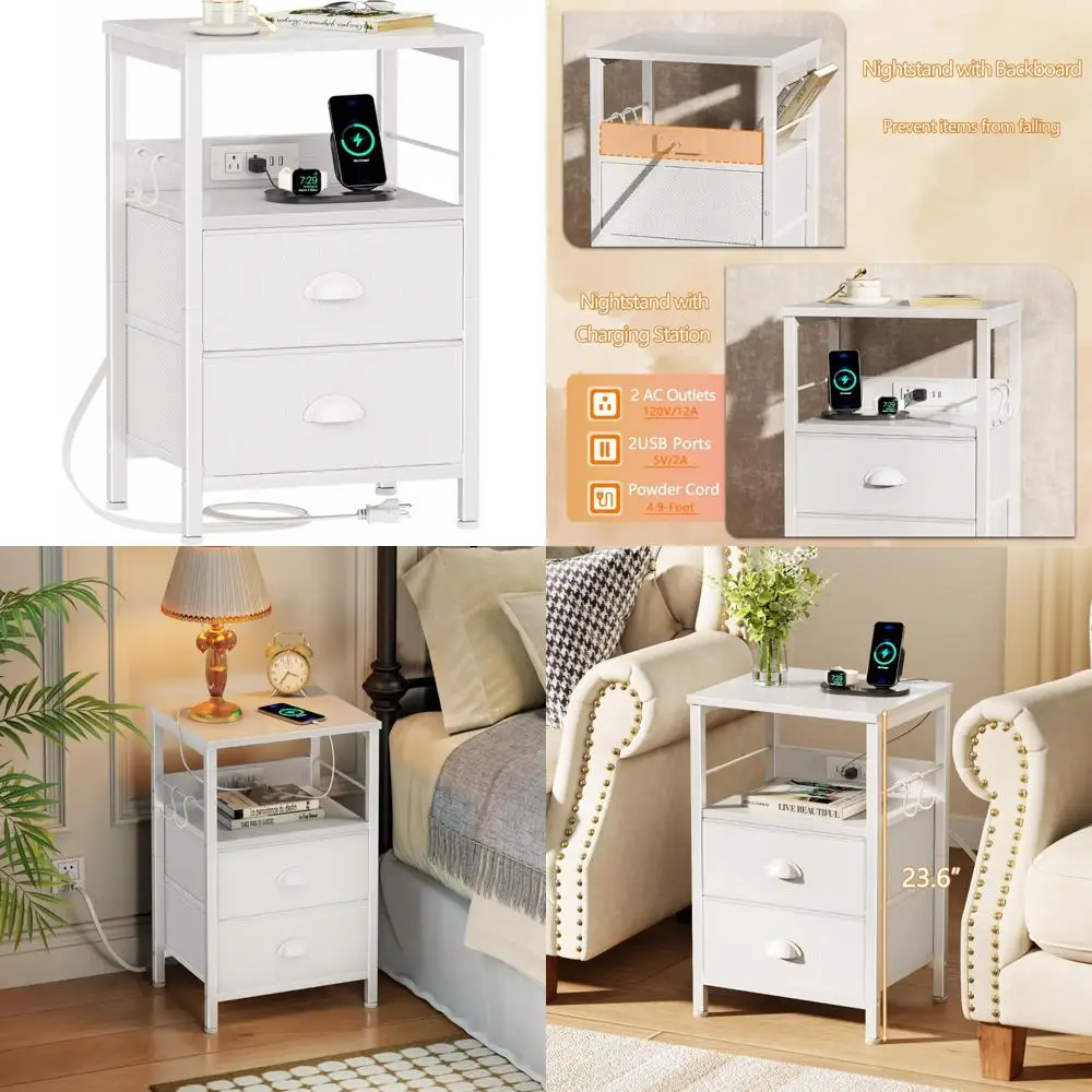 

USB-зарядка прикроватная тумбочка с тканевыми ящиками и розетками