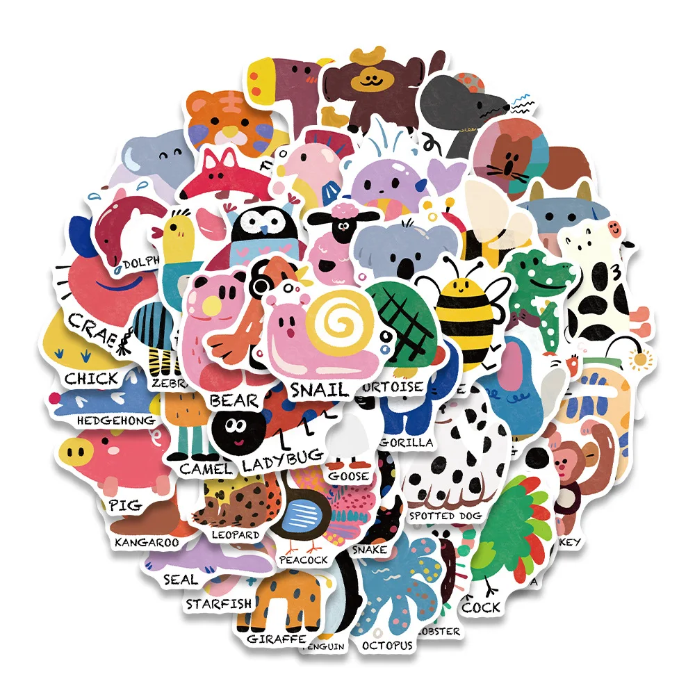 

50 шт., наклейки с английскими животными, наклейки для раннего образования, просветительское обучение, персонализированные милые водонепроницаемые наклейки