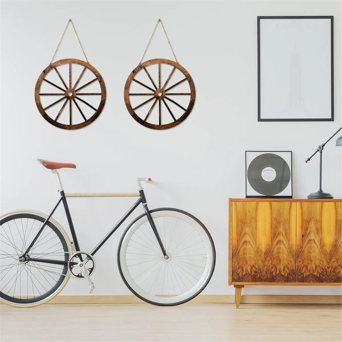 12 Inch 2 Pcs Wooden Wagon Wheel Decor, Western Rustic Decorations Wooden Decor for Bar, Garage, Bedroom, Cowboy Party