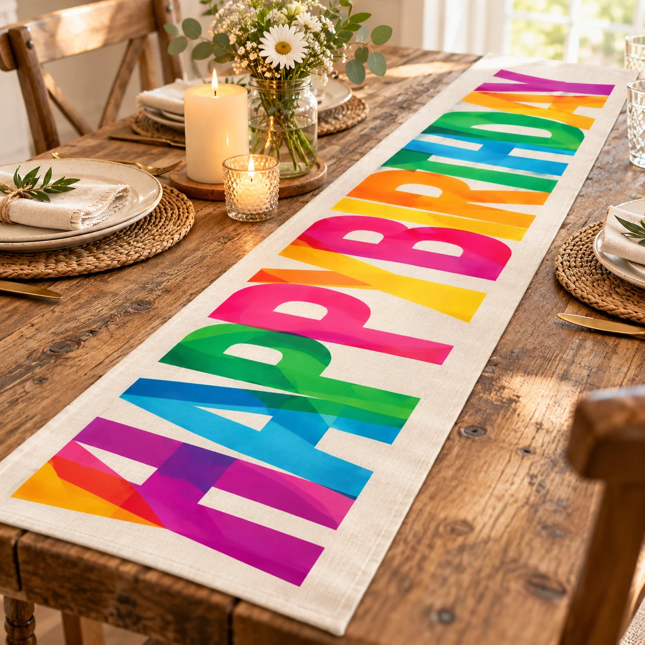 Linen Happy Birthday Table Runner, Colorful Table Decor for Kitchen Dining Table, Indoor & Outdoor Home Party Desktop Decoration