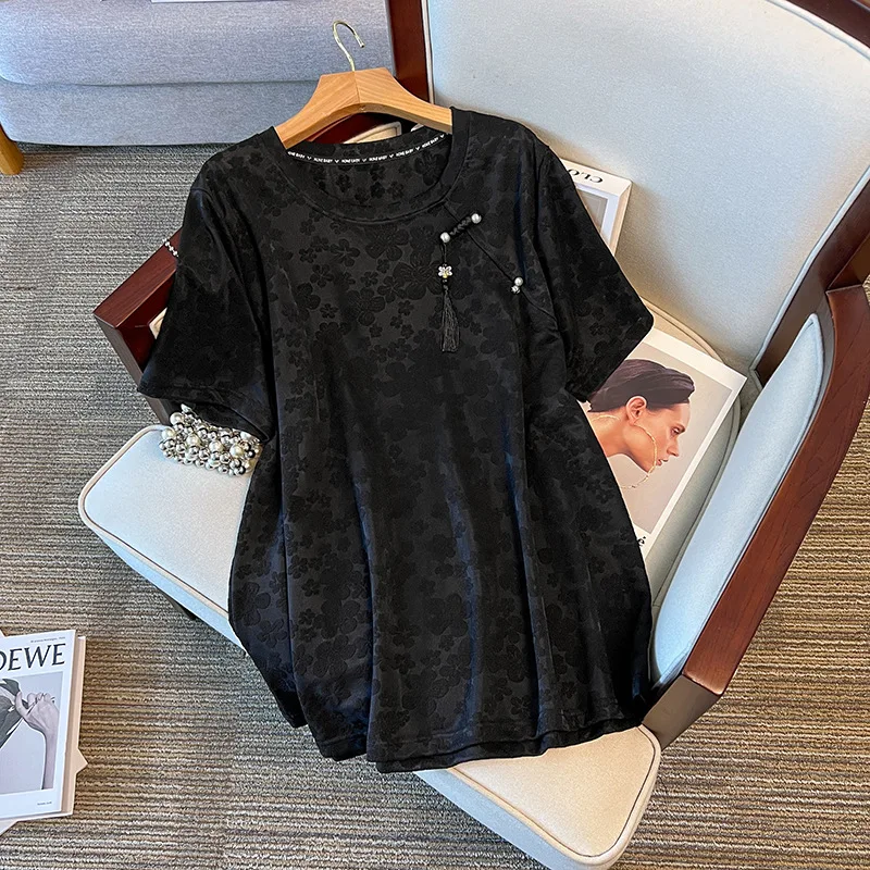 150Kg Plus Size Women\'s Bust 154 Summer Loose Lace Sweet Silk Shirt O-Neck Short Sleeved Top Black 5XL 6XL 7XL 8XL 9XL