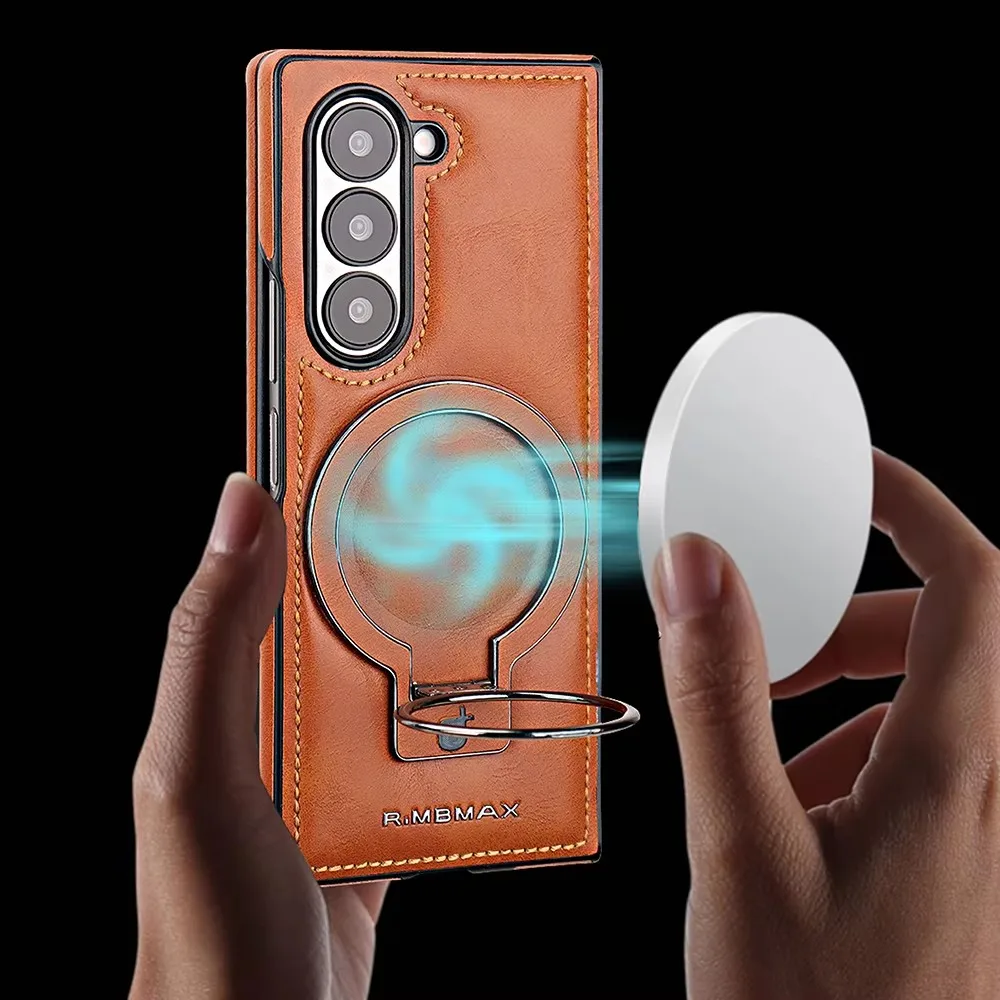 High-end Leather Magnetic Ring Holder Case For Samsung Galaxy Z Fold 6 5 4 Wireless Charging Shockproof Protective Cover