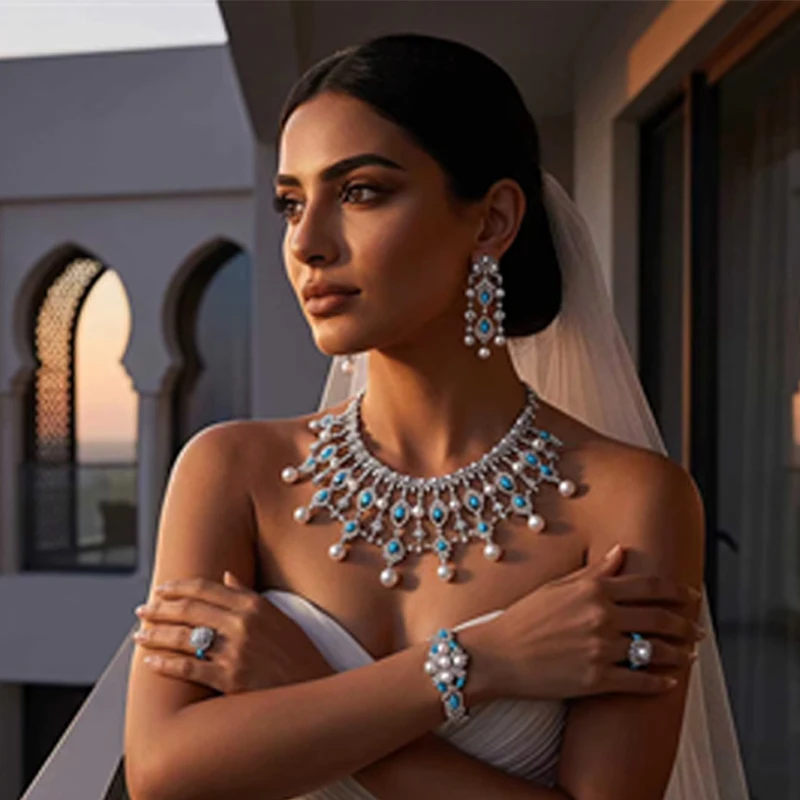 4 Piece Cubic Zirconia Necklace Earrings Bracelet Ring Women Bridal Party Jewelry Set Dubai Nigeria Crystal Wedding Jewelry Set