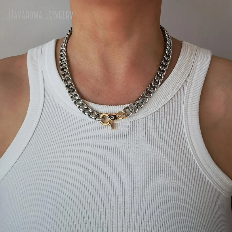 

10Pcs Chunly Silver Plated Cuban Link Chain Choker Necklace Two Tone Mixed Stainless Steel Women Jewelry