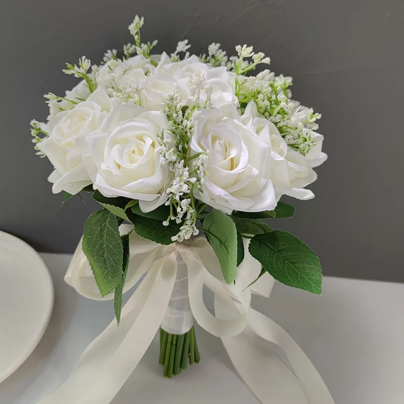 Bride Bouquet White Silk Roses Artificial Flowers Babysbreath Boutonniere Mariage Bridal Bridesmaids Corsage Wedding Accessories