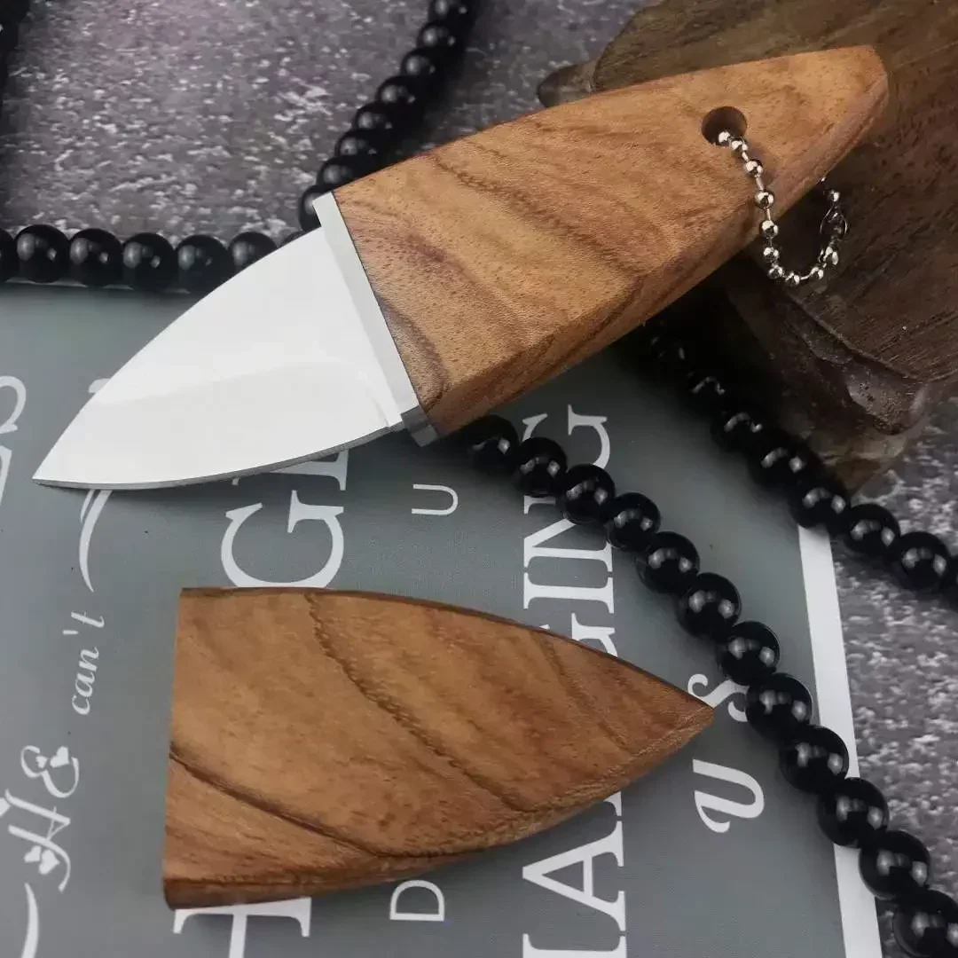 Mini Neck Keychain Fixed Blade Knife Olive Wood Handle Portable Sharp Outdoor Camping Survival Hunting Knives Pocket EDC Tool