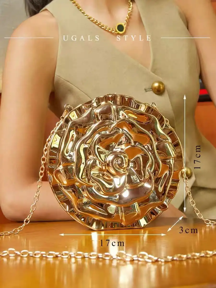

Fashion Gold Acrylic Circular Bag Rose Floral Shaped Clutch Purse Women Handbag Shiny Banquet Bag Female Shoulder Crossbody Bag