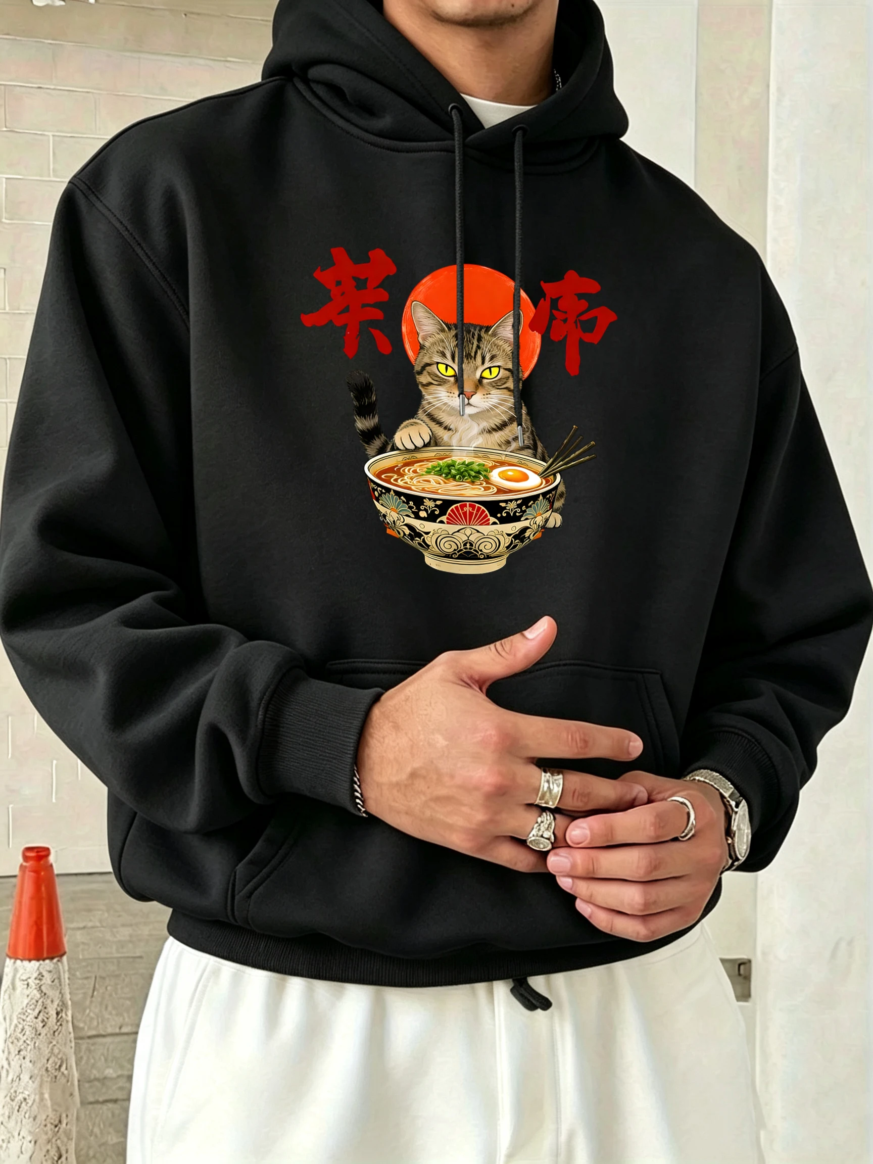 Cat That Likes To Eat Noodles Pattern Men Hoodie O-Neck All-Match Pullovers Autumn Streetwear Fleece Unisex Loose Long Sleeve