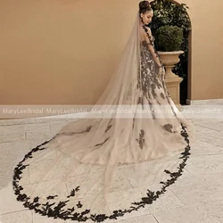 Couture Long Champagne Bridal Veil with Black Appliques 1 Tier Soft Tulle Lace Trim Cathedral Length Wedding Veil Marriages 2024