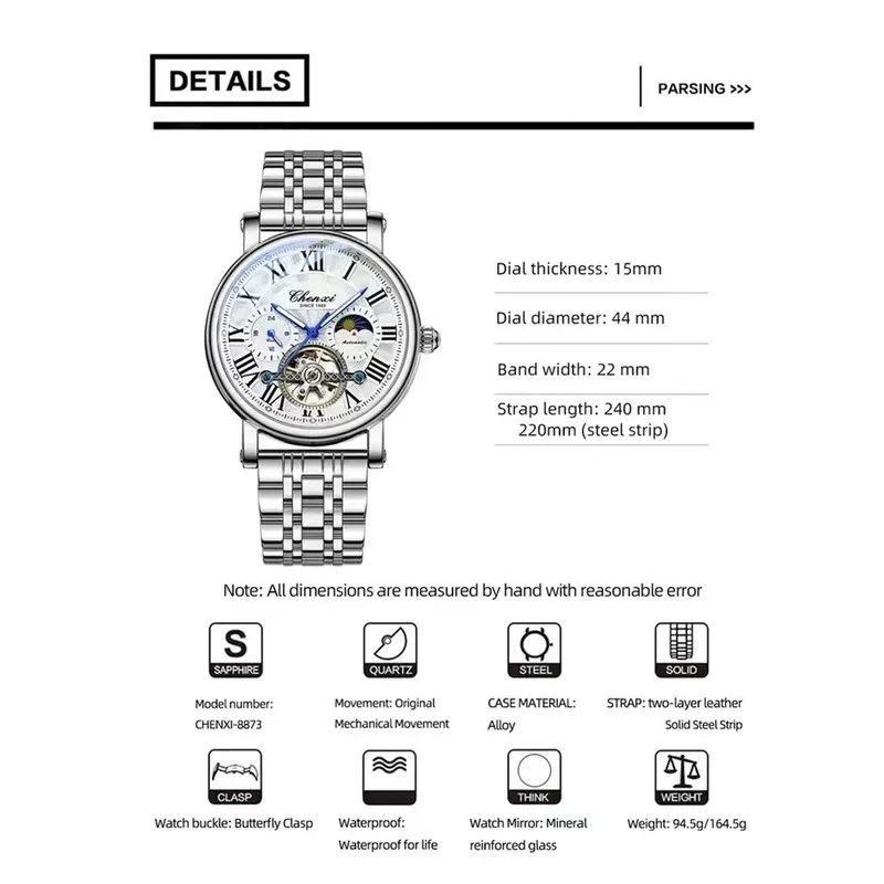 CHENXI Tourbillon Men Watch 8873 Business High Grade Luminous Waterproof Automatic Mechanical Watches for Men Relogios Masculino