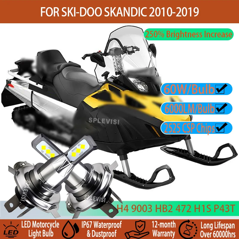 

H4 LED Conversion Kit - 250% Brighter, No Wiring Needed Waterproof For Ski-Doo Skandic 2010 2011 2012 2013 2014 2015 2016-2019