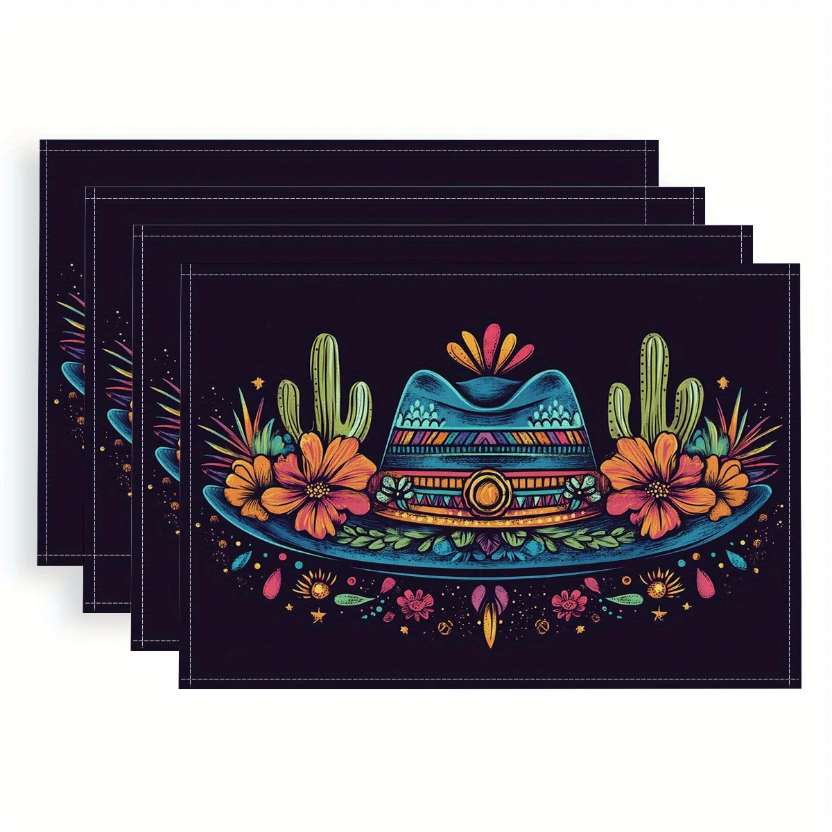 Set of 4 Placemats, Mexican Style Pattern, Polyester Fabric, Digital Printing, Placemat 12x18in Machine Washable