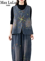 Max LuLu 2024 Autumn Denim Outfits Womens Embroidery Two Pieces Sets Vintage Vest Coats Casual Pants Loose Jeans Fashion Suits