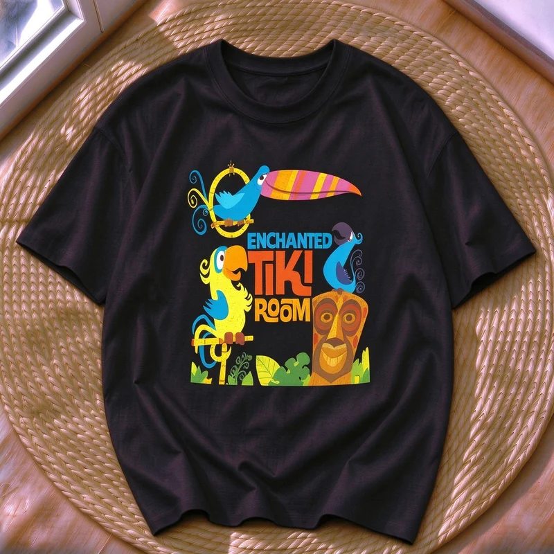 Enchanted Tiki Room Vintage Cartoon T Shirt Tropical Parrot Totem Graphic Tee Vacation Lover Gift Unisex Short Sleeve Y2k Top