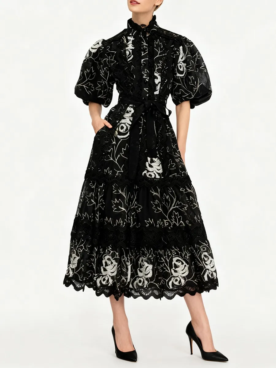 TWOTWINSTYLE الطباعة شير تقسم الدانتيل فساتين أنيقة للنساء الجولة الرقبة قصيرة الأكمام Pathwork الدانتيل يصل فستان طويل الإناث #3